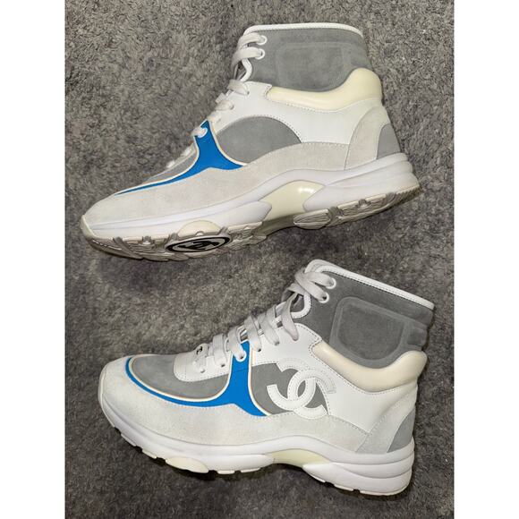 Chanel 18P Blue White Grey CC Logo Lace Up Tie Flat Trainer High Top Sneaker 38 - Picture 16 of 16